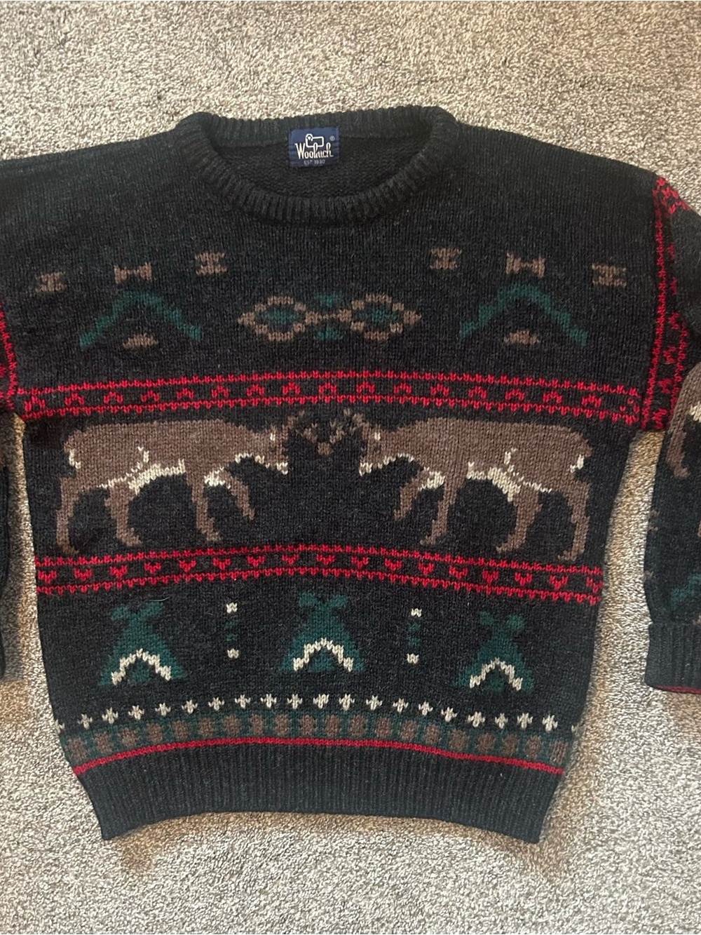 Vintage 80s Woolrich Deer Fair Isle Knit Sweater USA Charcoal XL